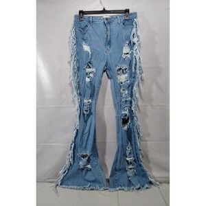 Loverly Fit Destroyed Flare Leg Jeans Sz 13 30x33 Side Fringe Tassel Distressed